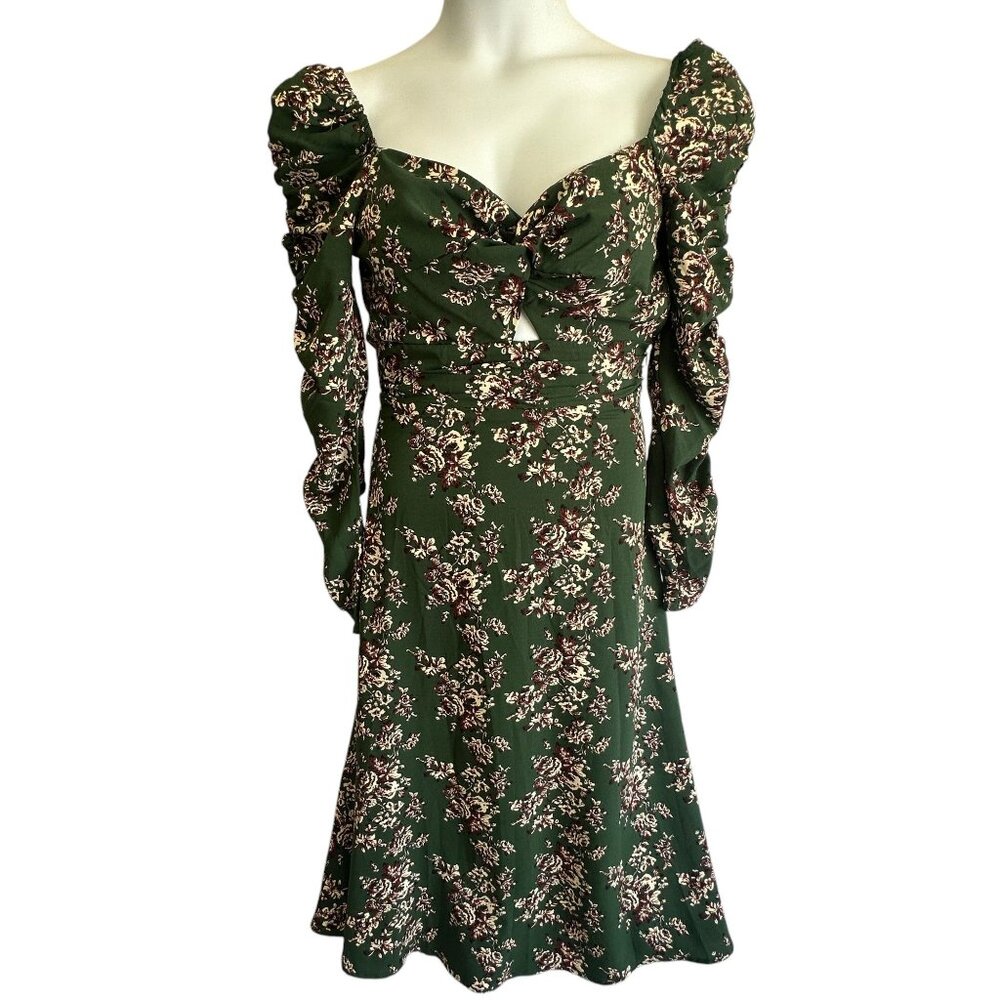 ASTR the Label Green Floral Print Ruched Long Sleeve Midi Dress Keyhole Size S